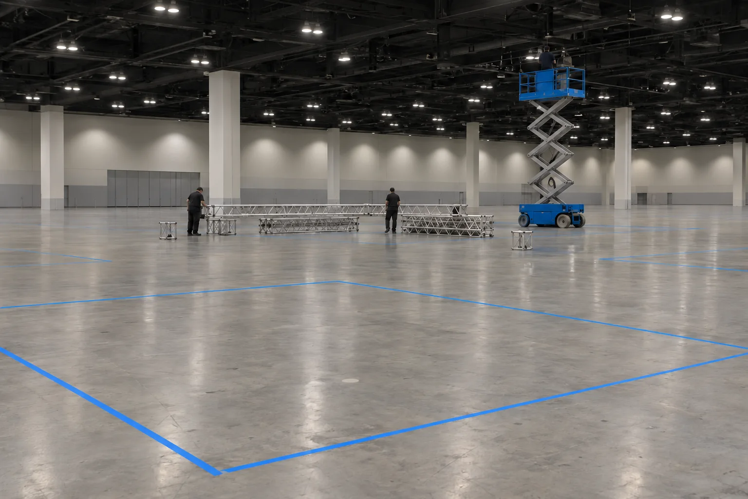 An empty convention hall on load-in day, a booth space marked out in blue tape